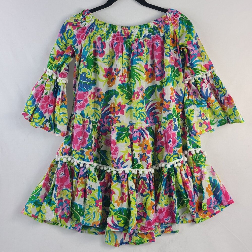 True Destinations Floral Off-Shoulder Bell Sleeve Pom Pom Hem Dress Sz XS - Picture 8 of 9